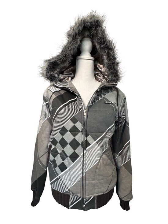 Billabong Jackets & Blazers - Billabong Hooded Jacket Faux Fur Trim Gray/Black Geometric Pattern Womens S